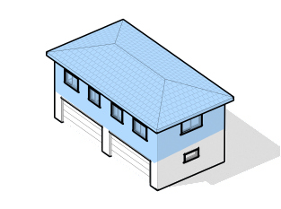 Axonometric of a second story added over a garage row, highlighted in blue
